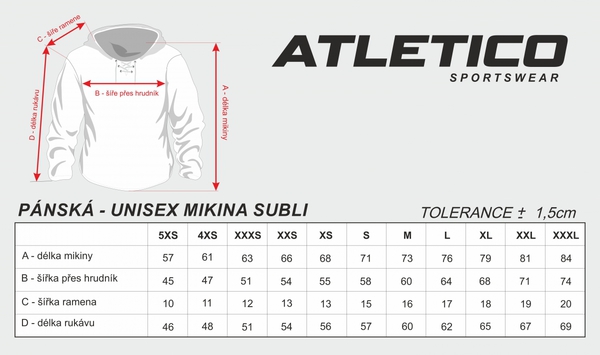 tabulka velikostí MIKINY SUBLI PÁNSKÁ-UNISEX